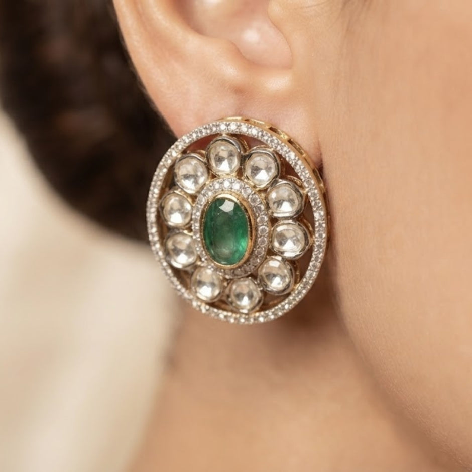 Bhavmayi Dual-Tone Antique Gold & Silver Uncut Polki Kundan Floral Stud Earrings with Micro-Pave Circullar Border