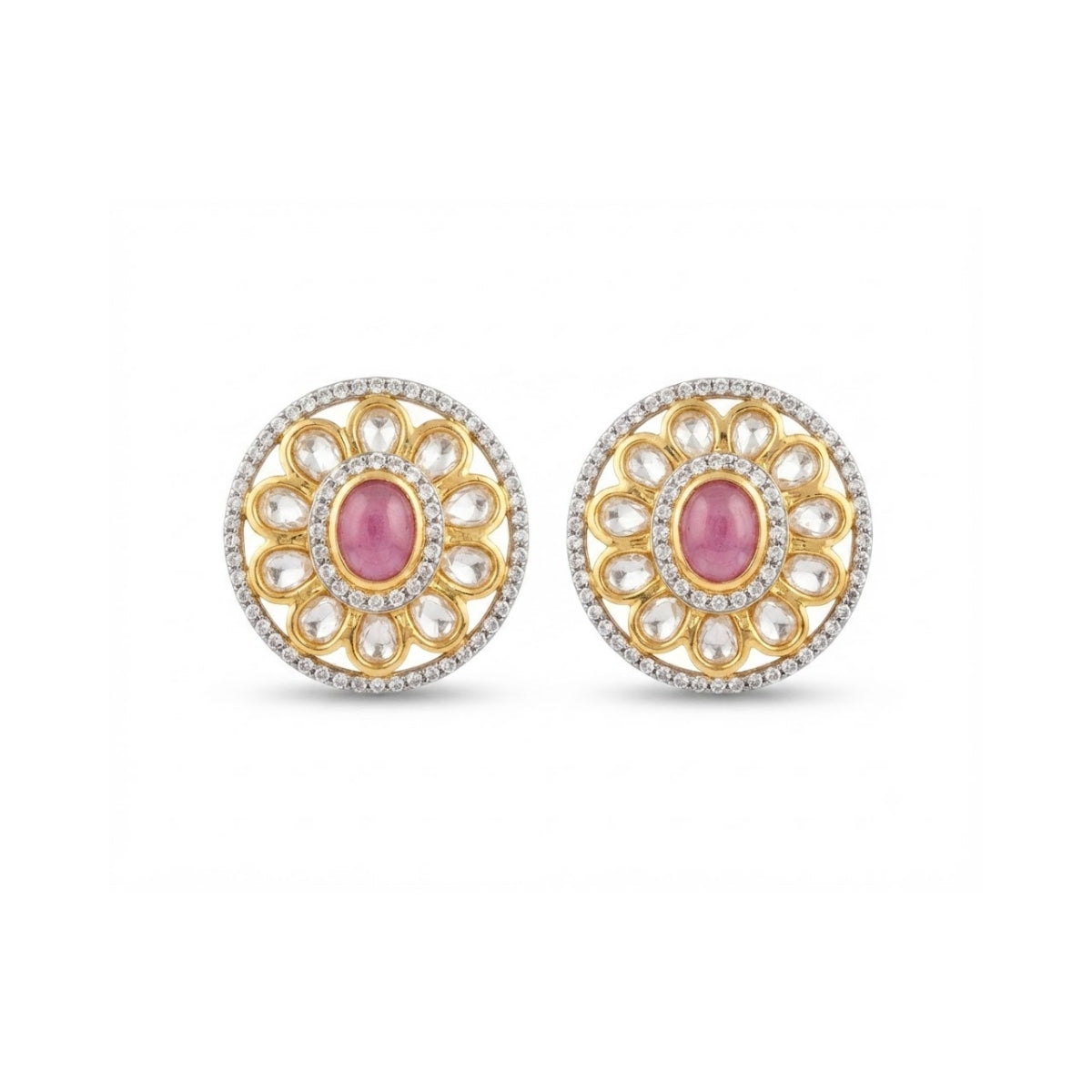 Bhavmayi Dual-Tone Antique Gold & Silver Uncut Polki Kundan Floral Stud Earrings with Micro-Pave Circullar Border