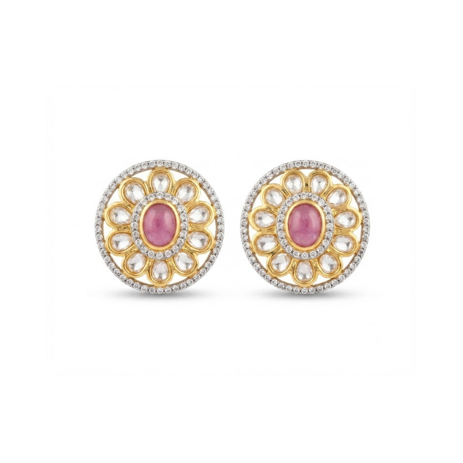 Bhavmayi Dual-Tone Antique Gold & Silver Uncut Polki Kundan Floral Stud Earrings with Micro-Pave Circullar Border