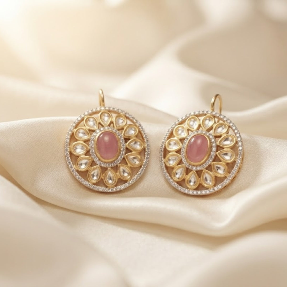 Bhavmayi Dual-Tone Antique Gold & Silver Uncut Polki Kundan Floral Stud Earrings with Micro-Pave Circullar Border