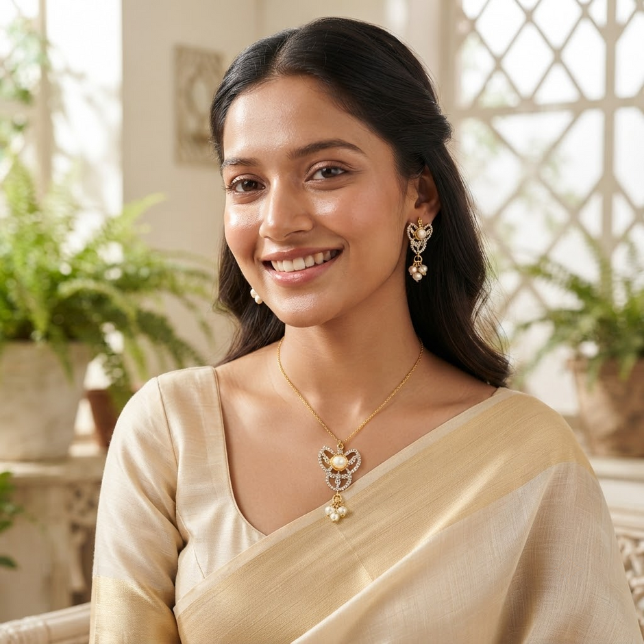 Bhavmayi Gold-Plated Pearl Pendant & Earrings Set