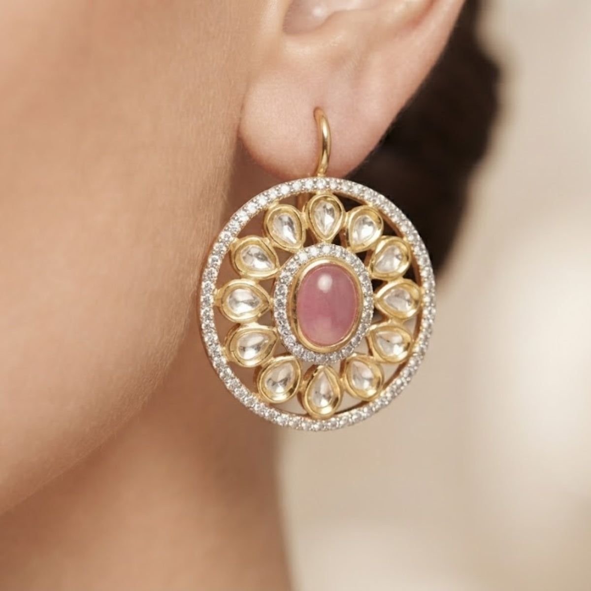 Bhavmayi Dual-Tone Antique Gold & Silver Uncut Polki Kundan Floral Stud Earrings with Micro-Pave Circullar Border