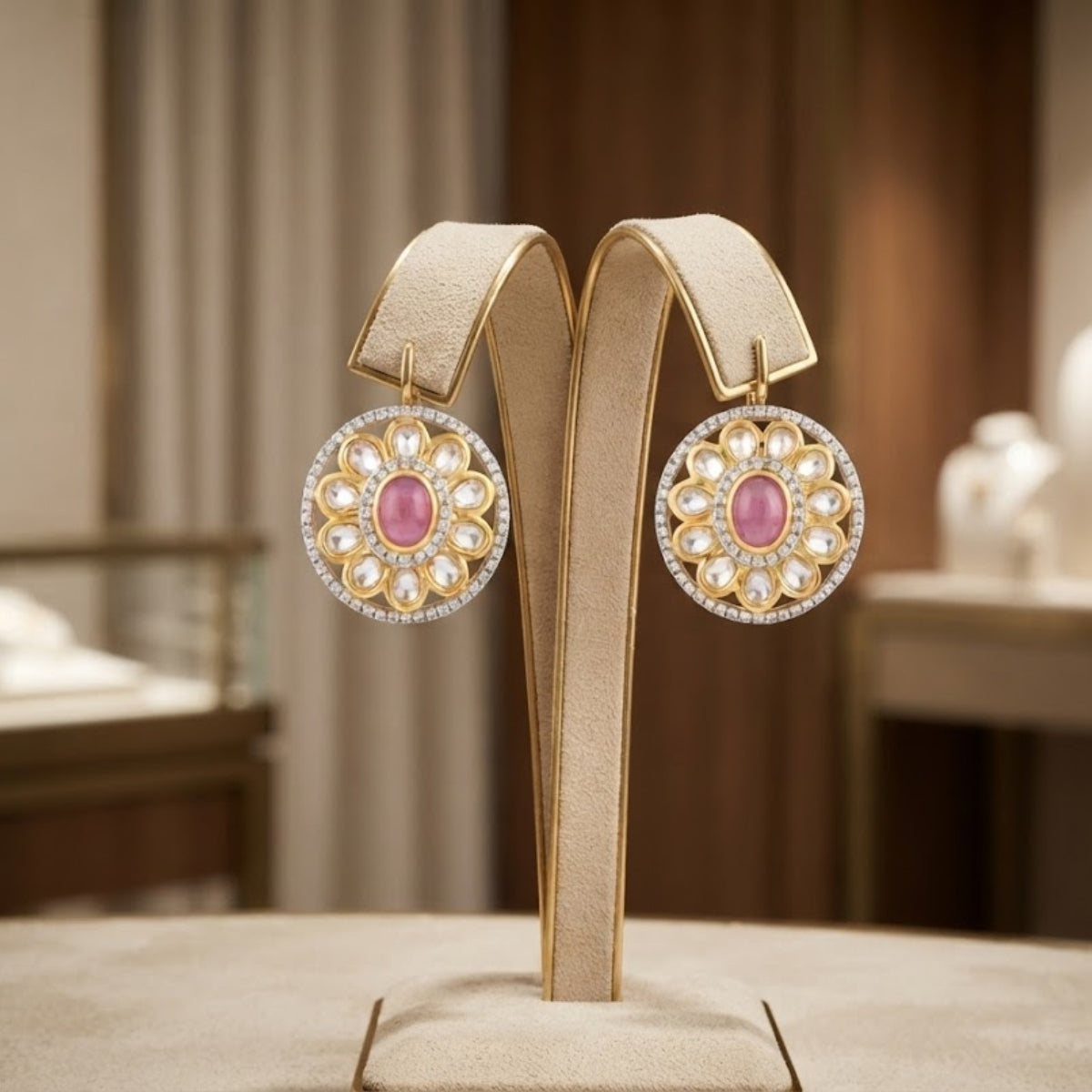Bhavmayi Dual-Tone Antique Gold & Silver Uncut Polki Kundan Floral Stud Earrings with Micro-Pave Circullar Border