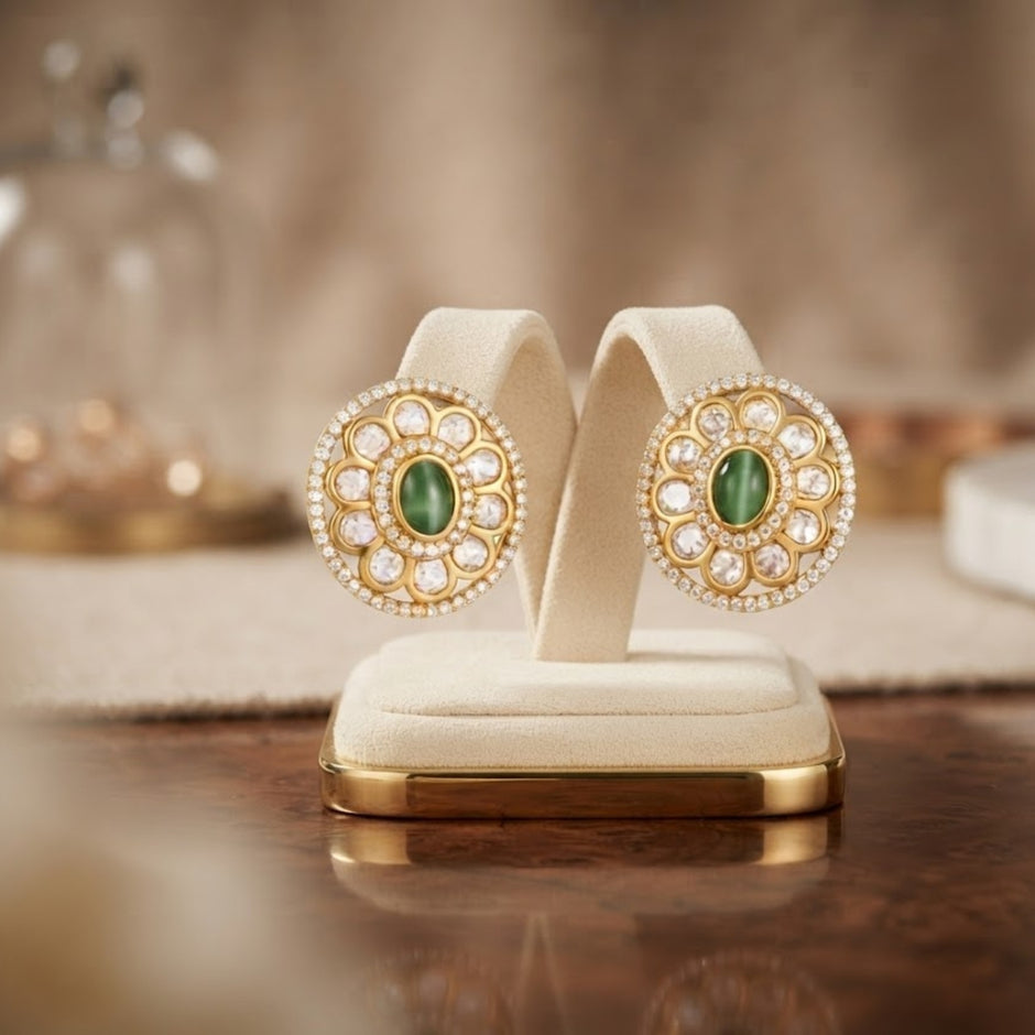Bhavmayi Dual-Tone Antique Gold & Silver Uncut Polki Kundan Floral Stud Earrings with Micro-Pave Circullar Border