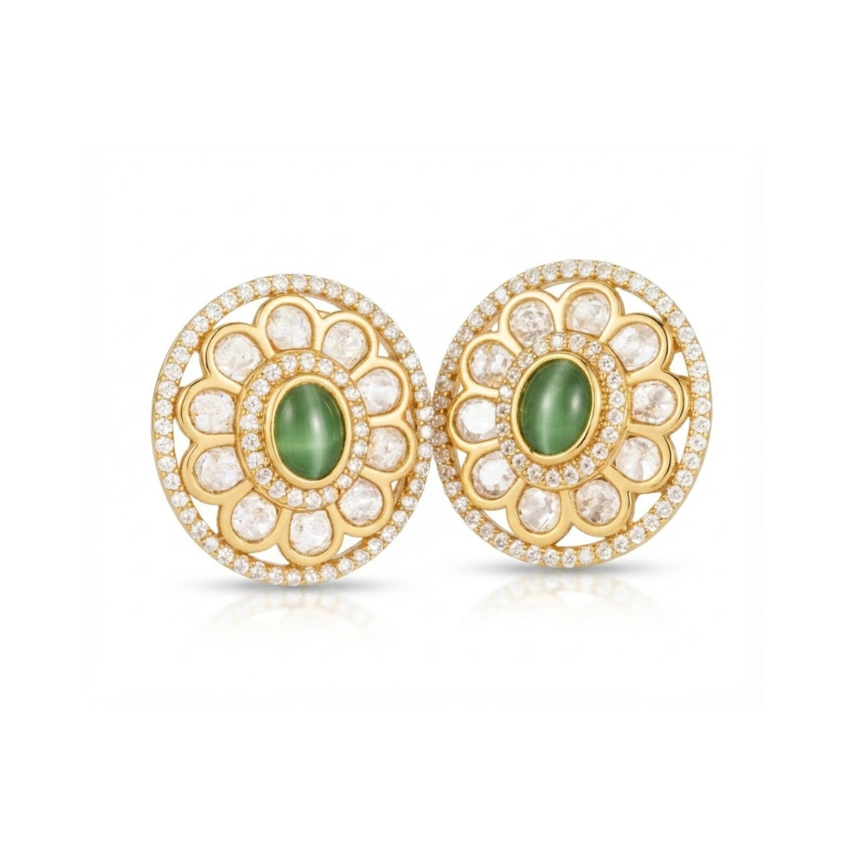 Bhavmayi Dual-Tone Antique Gold & Silver Uncut Polki Kundan Floral Stud Earrings with Micro-Pave Circullar Border