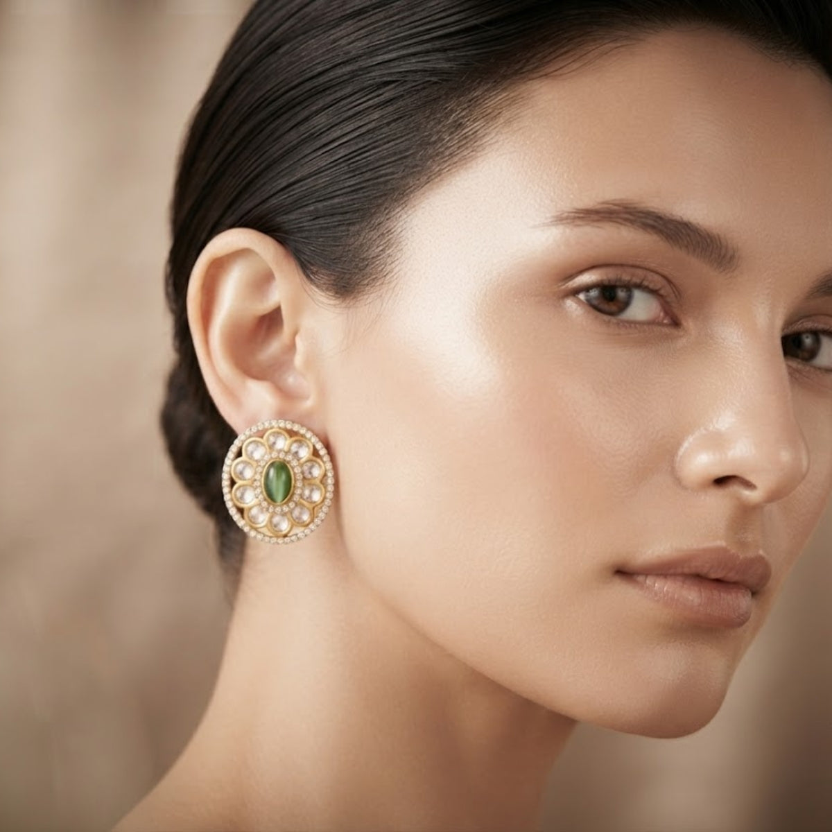 Bhavmayi Dual-Tone Antique Gold & Silver Uncut Polki Kundan Floral Stud Earrings with Micro-Pave Circullar Border