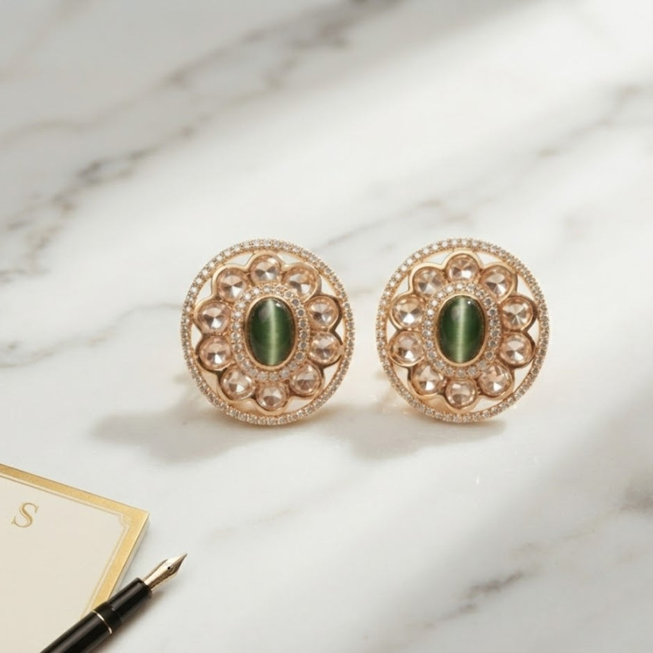 Bhavmayi Dual-Tone Antique Gold & Silver Uncut Polki Kundan Floral Stud Earrings with Micro-Pave Circullar Border