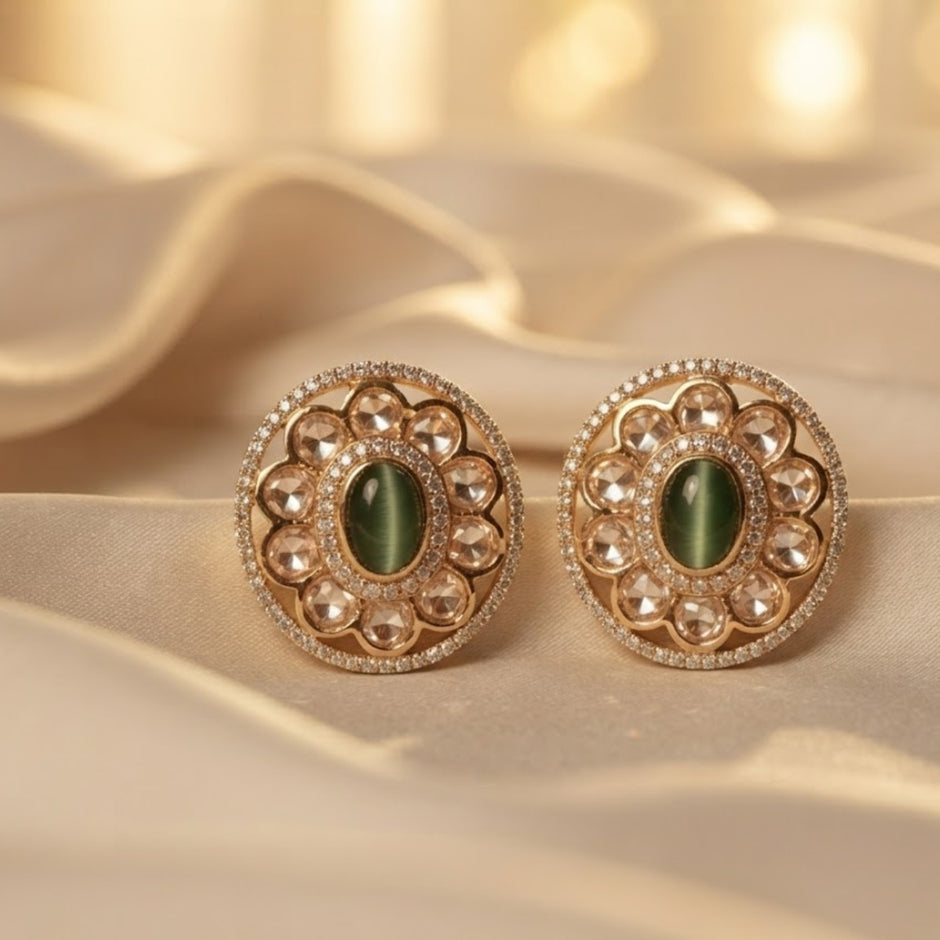 Bhavmayi Dual-Tone Antique Gold & Silver Uncut Polki Kundan Floral Stud Earrings with Micro-Pave Circullar Border