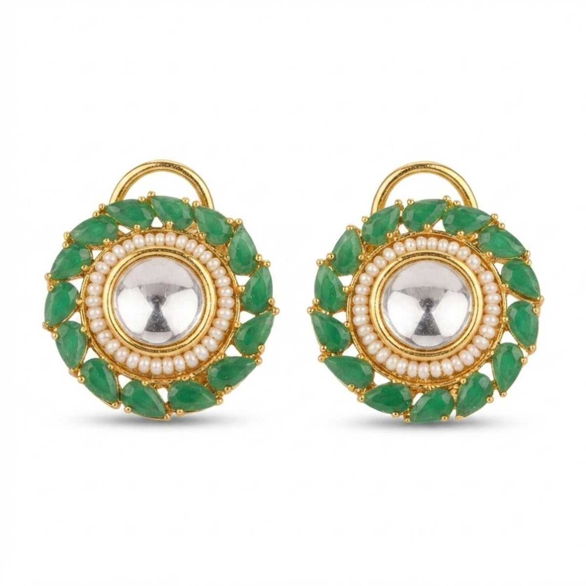 Bhavmayi Gold Plated Round Polki Kundan Stud Earrings with Pearl Halo and Pear Cut Emerald Green Gemstone Wreath