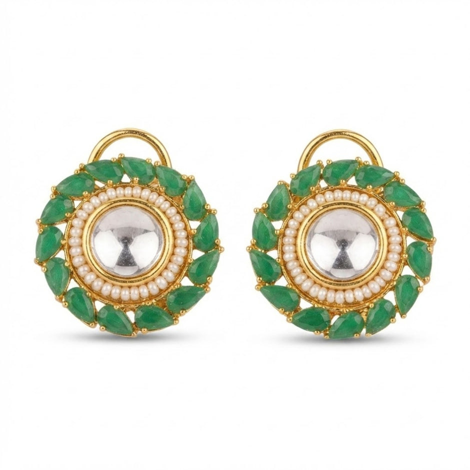 Bhavmayi Gold Plated Round Polki Kundan Stud Earrings with Pearl Halo and Pear Cut Emerald Green Gemstone Wreath