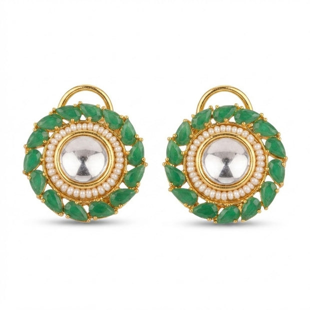 Bhavmayi Gold Plated Round Polki Kundan Stud Earrings with Pearl Halo and Pear Cut Emerald Green Gemstone Wreath