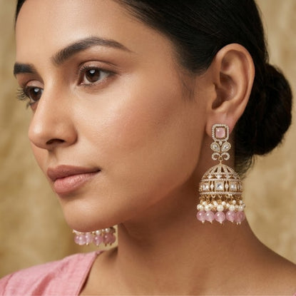 Bhavmayi Elegant Gold Pastel Pink and Diamond Jhumka Earrings with Pearl Fringe