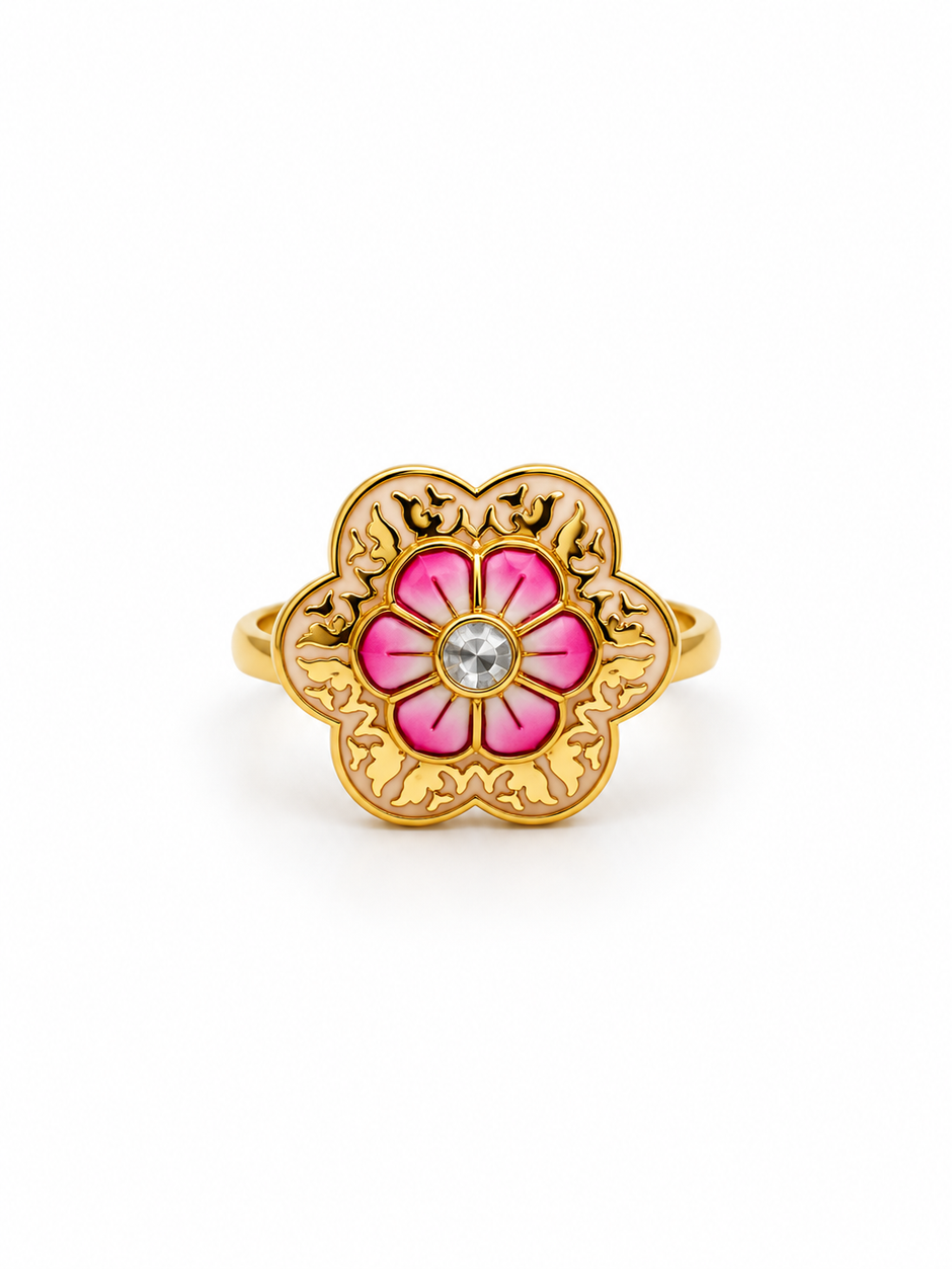 Bhavmayi Pink Floral Gold-Tone Statement Ring