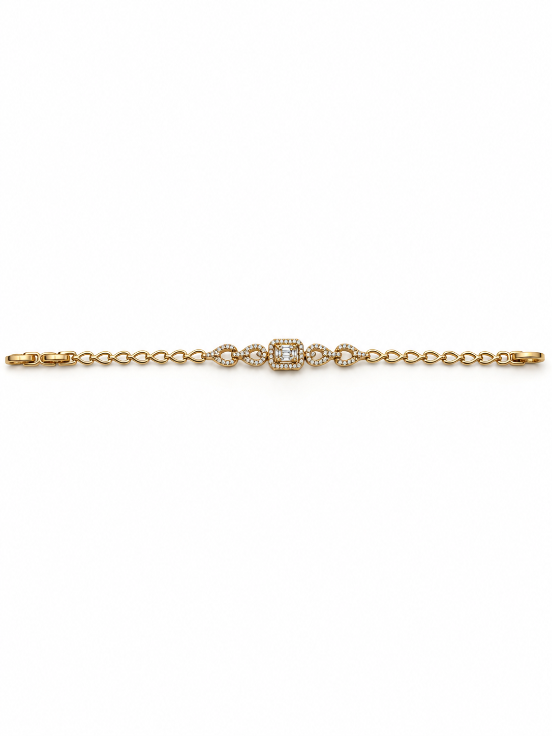 Gold-tone bracelet with three square purple, green and red decorative accents framed by clear-looking stones, double-row chain detailing and a clasp closure.