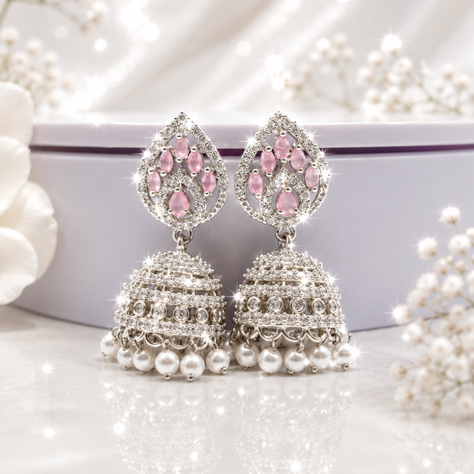 Bhavmayi Silver-Plated Pink Stone Pearl Jhumka Earrings