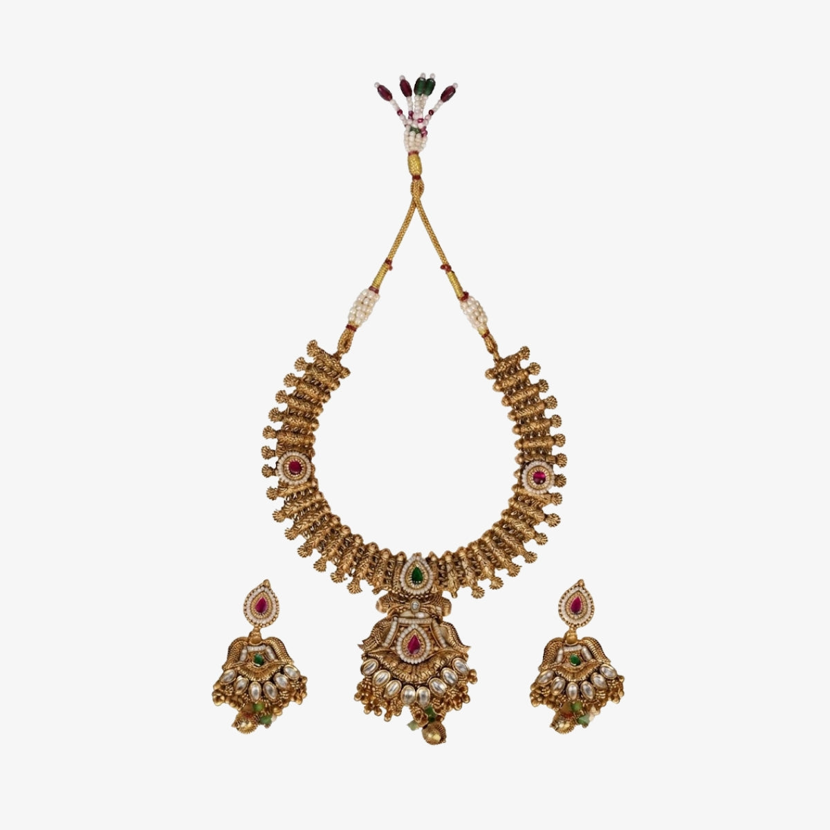 Bhavmayi Antique Gold and Polki Temple Jewellery Pendant Necklace and Earrings Set with Ruby & Emerald Accents