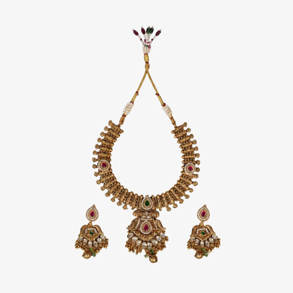Bhavmayi Antique Gold and Polki Temple Jewellery Pendant Necklace and Earrings Set with Ruby & Emerald Accents