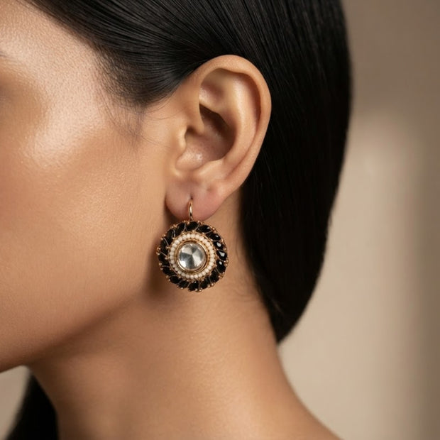 Bhavmayi Gold Plated Round Polki Kundan Stud Earrings with Pearl Halo and Pear Cut Emerald Green Gemstone Wreath