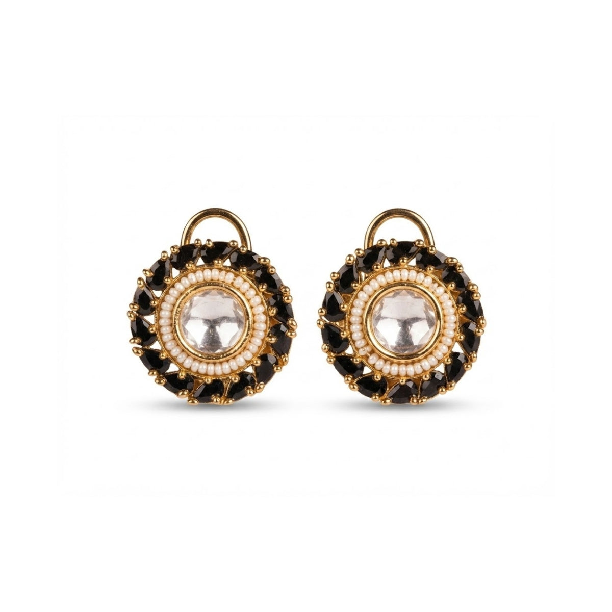 Bhavmayi Gold Plated Round Polki Kundan Stud Earrings with Pearl Halo and Pear Cut Emerald Green Gemstone Wreath