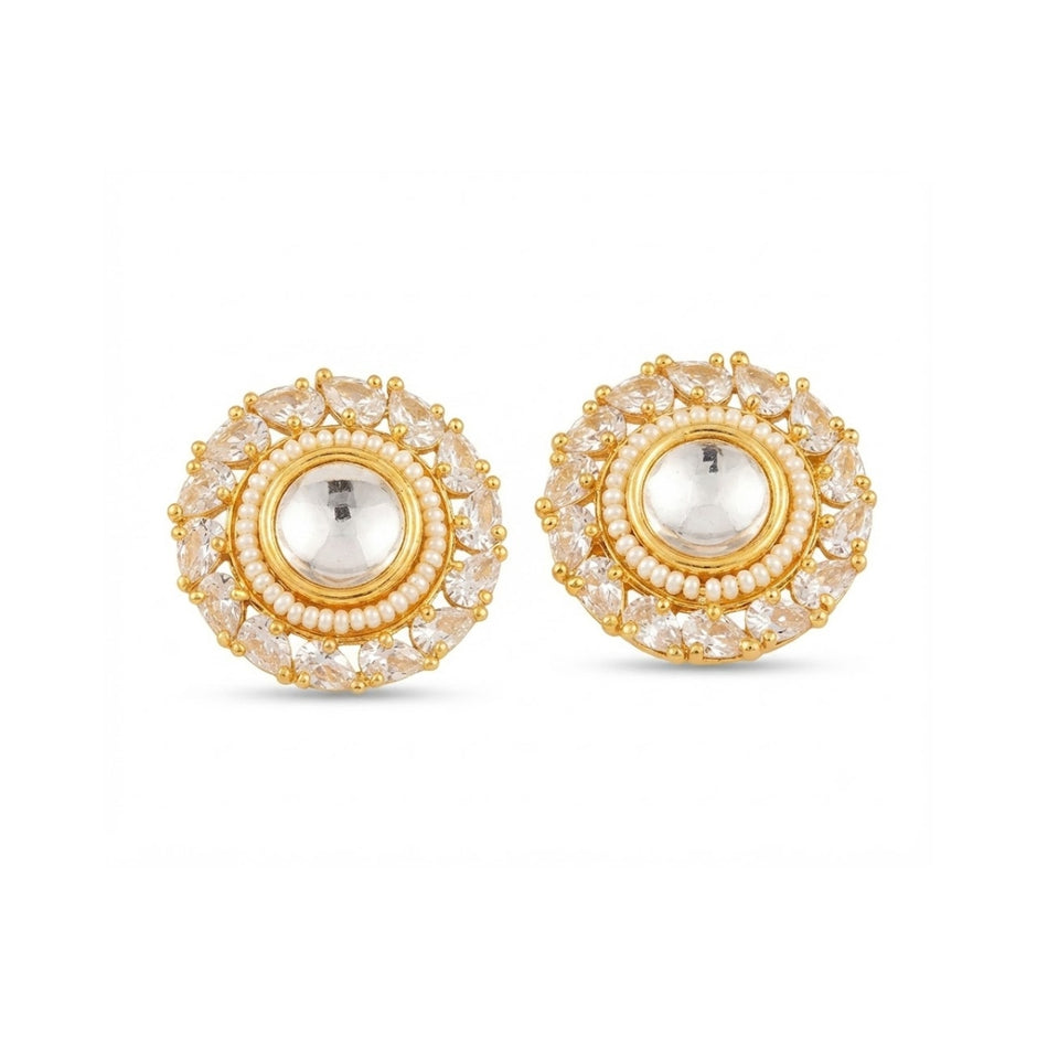 Bhavmayi Gold Plated Round Polki Kundan Stud Earrings with Pearl Halo and Pear Cut Emerald Green Gemstone Wreath