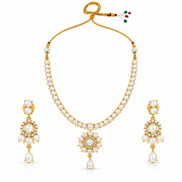 Bhavmayi gold-tone necklace set with white pearl-like beads, floral pendant and matching drop earrings - bhavmayi