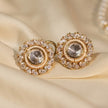 Bhavmayi Gold Plated Round Polki Kundan Stud Earrings with Pearl Halo and Pear Cut Emerald Green Gemstone Wreath