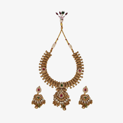 Bhavmayi Antique Gold and Polki Temple Jewellery Pendant Necklace and Earrings Set with Ruby & Emerald Accents