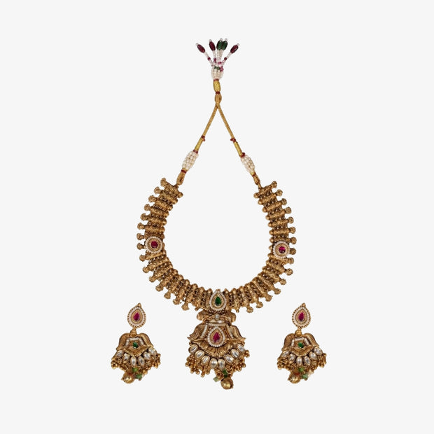 Bhavmayi Antique Gold and Polki Temple Jewellery Pendant Necklace and Earrings Set with Ruby & Emerald Accents