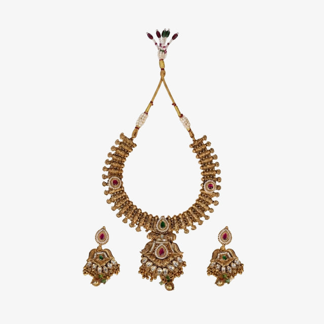 Bhavmayi Antique Gold and Polki Temple Jewellery Pendant Necklace and Earrings Set with Ruby & Emerald Accents