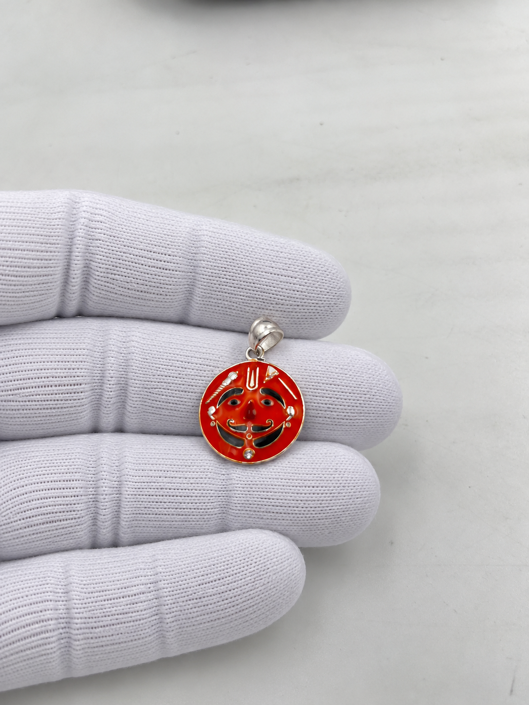 Bhavmayi Red Enamel Smiling Face Round Pendant with Silver-Tone Detailing