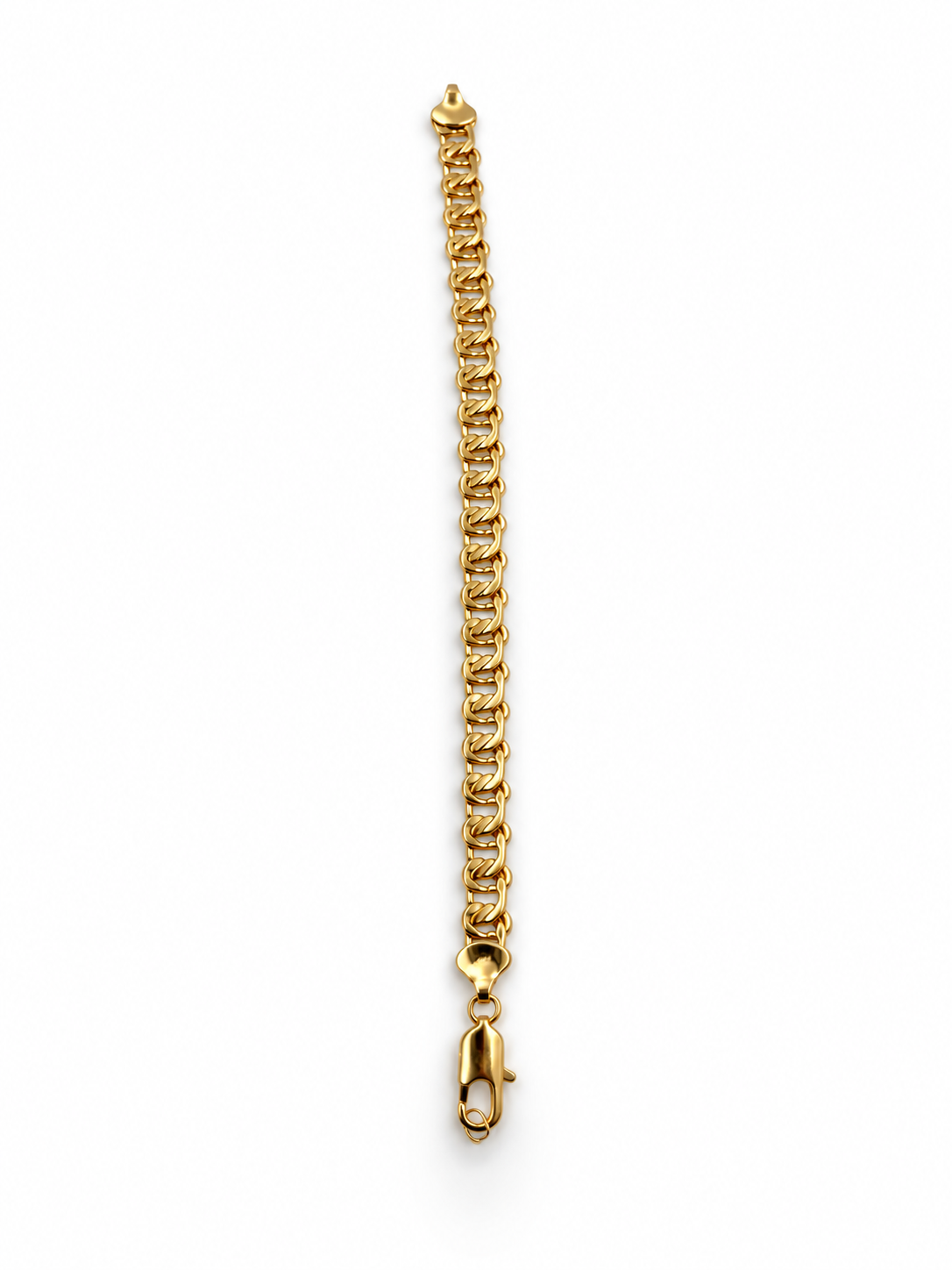 Gold-tone bracelet featuring a continuous chain of rounded interlocking links with a twisted appearance, shown separately and worn around a woman's wrist.