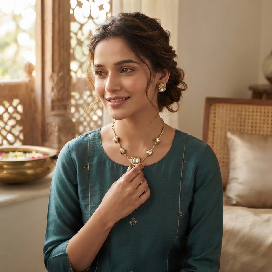 Bhavmayi Elegant Gold CZ Round Stone Necklace & Earring Set