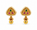 Gold-tone temple necklace set displayed on a white jewellery bust, featuring a decorative pendant with green and magenta accents, a beaded chain, and matching triangular drop earrings.