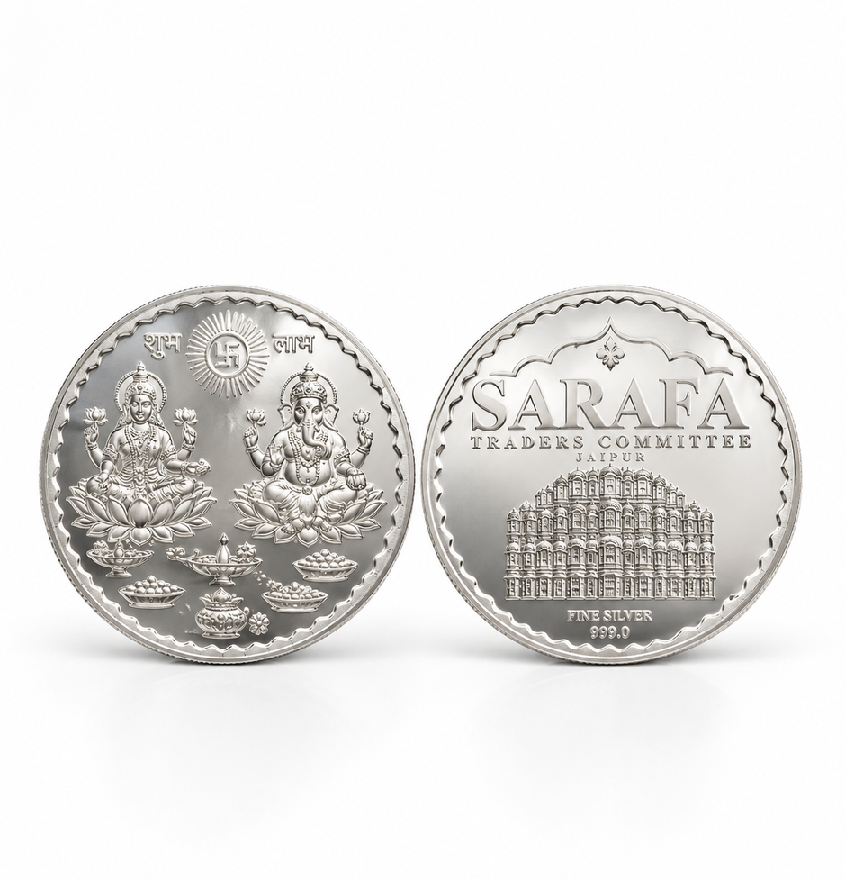 999 fine silver coin featuring Jaipur Hawa Mahal architecture and Hindu deity designs by Bhavmayi