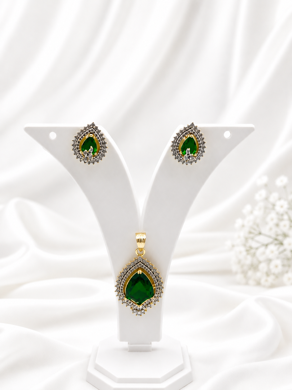 BHAVMAYI CREATION Emerald Teardrop Pendant & Earrings Set-03
