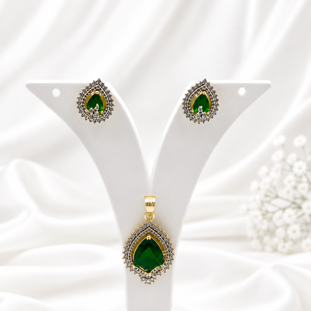 Bhavmayi Emerald Green Teardrop Pendant Set with Matching Earrings