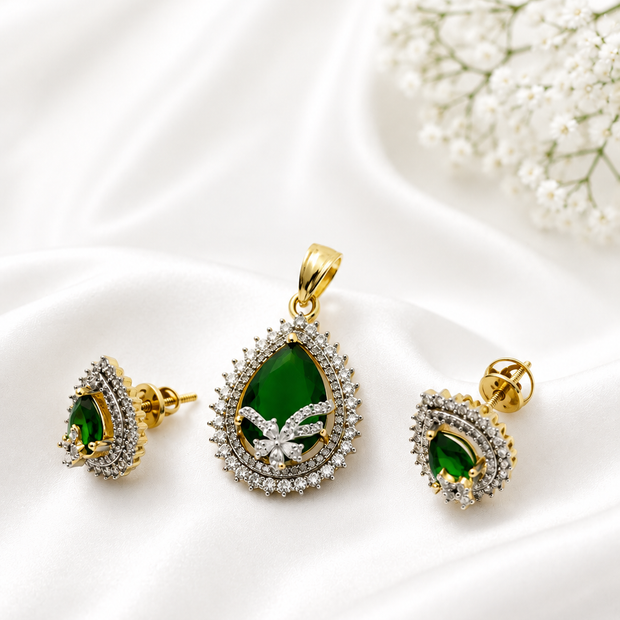 Bhavmayi Emerald Green Teardrop Pendant Set with Matching Earrings