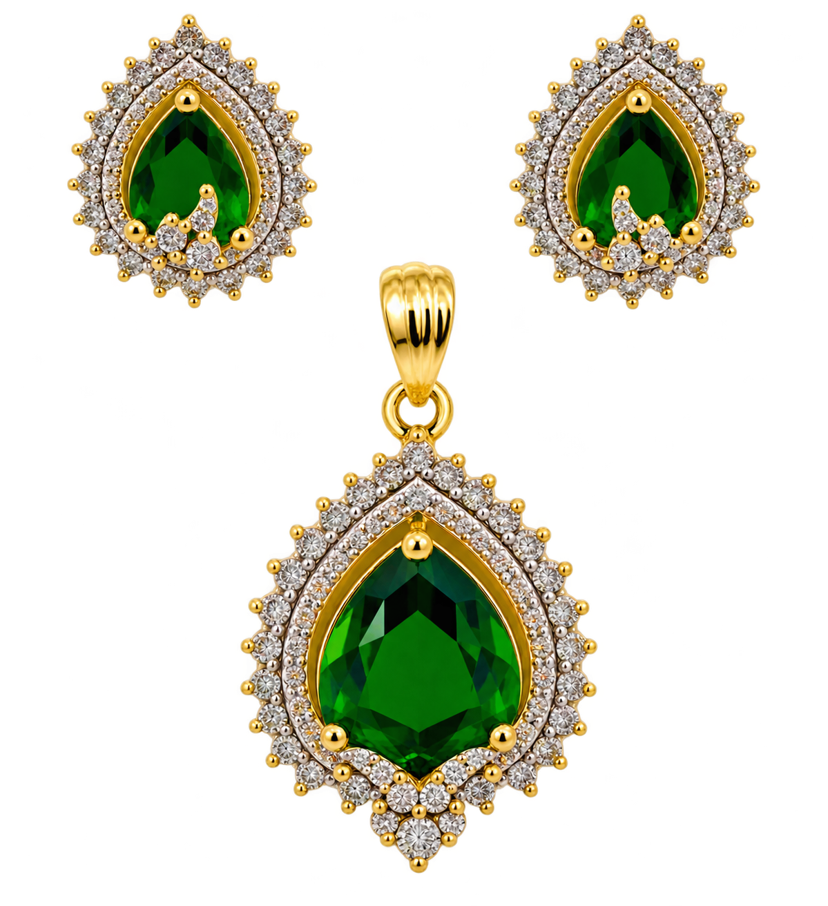 BHAVMAYI CREATION Emerald Teardrop Pendant & Earrings Set-03