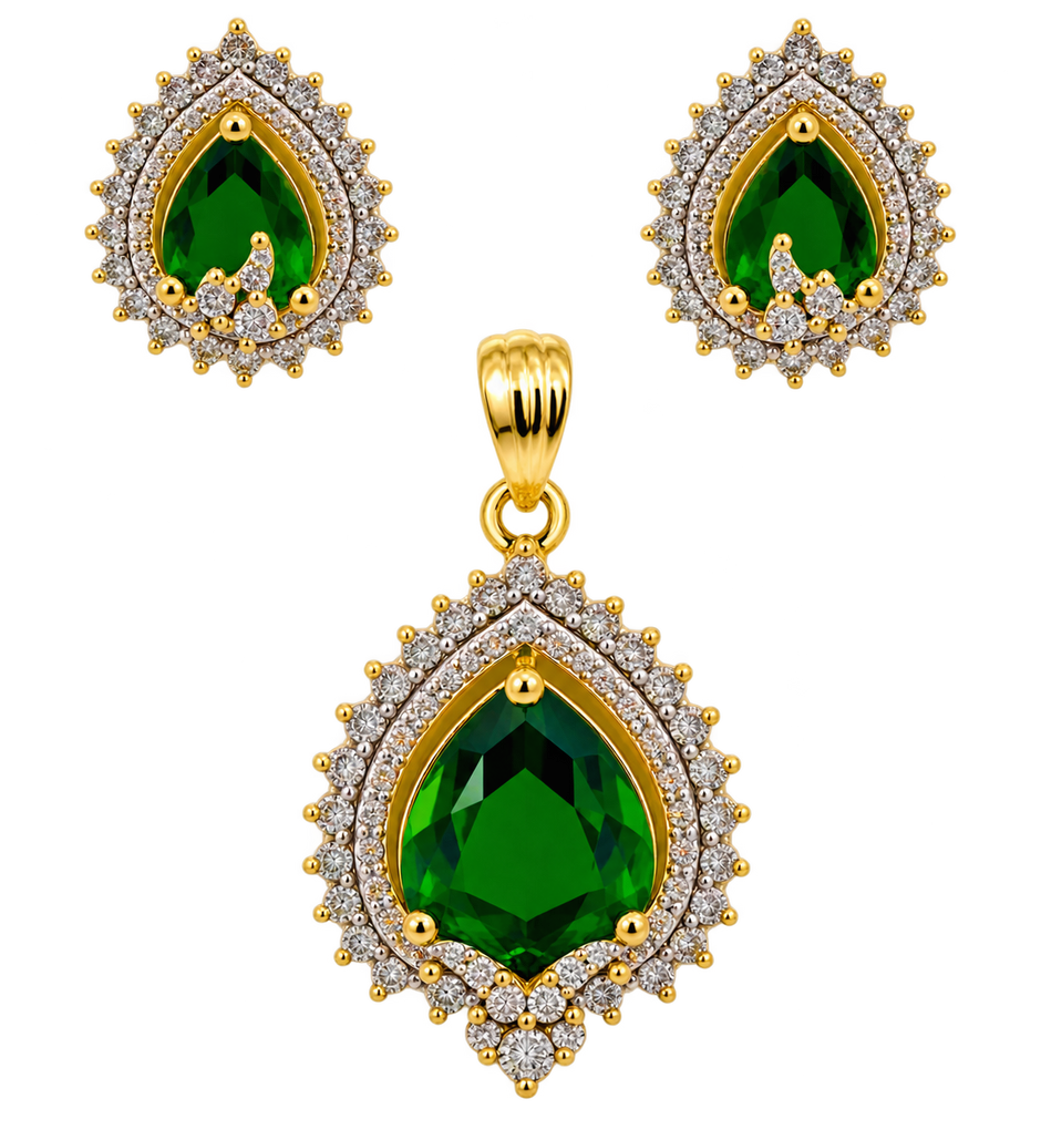 BHAVMAYI CREATION Emerald Teardrop Pendant & Earrings Set-03