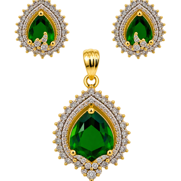 Bhavmayi Emerald Green Teardrop Pendant Set with Matching Earrings