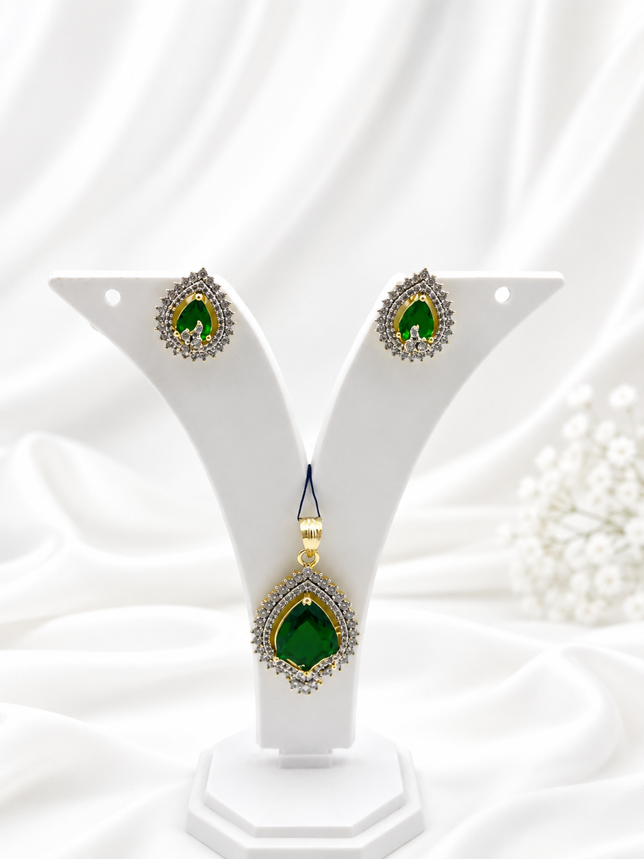 BHAVMAYI CREATION Emerald Teardrop Pendant & Earrings Set-03