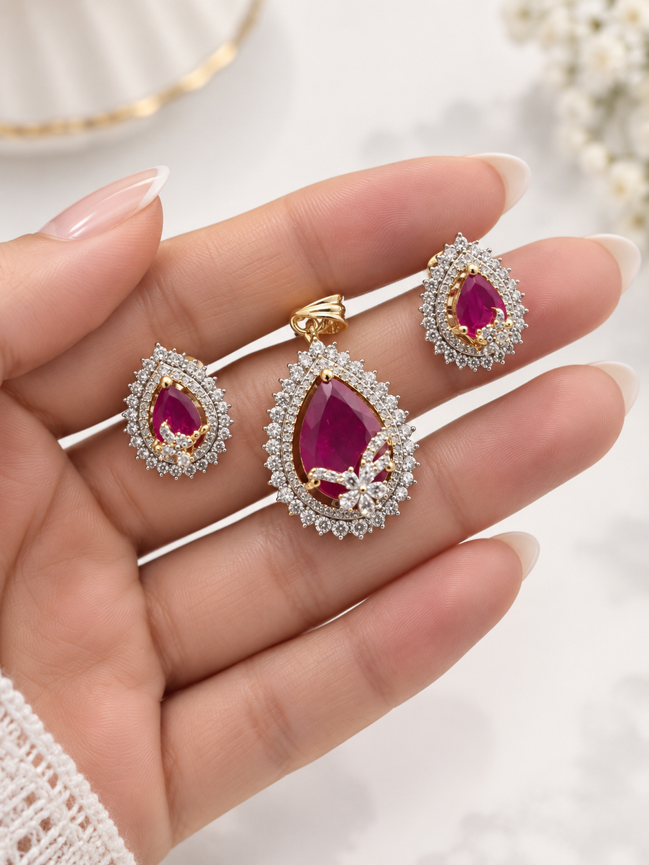 BHAVMAYI CREATION Emerald Teardrop Pendant & Earrings Set-03