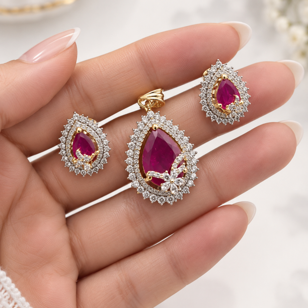 Bhavmayi Emerald Green Teardrop Pendant Set with Matching Earrings