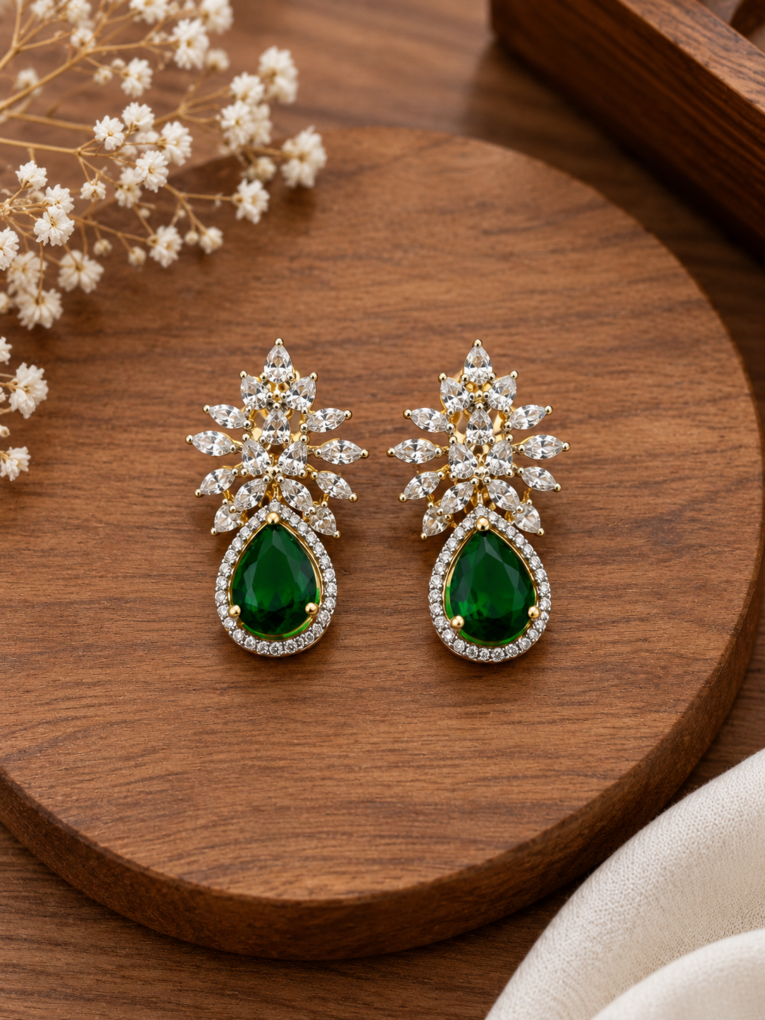Bhavmayi Creation Emerald Floral Drop Earrings