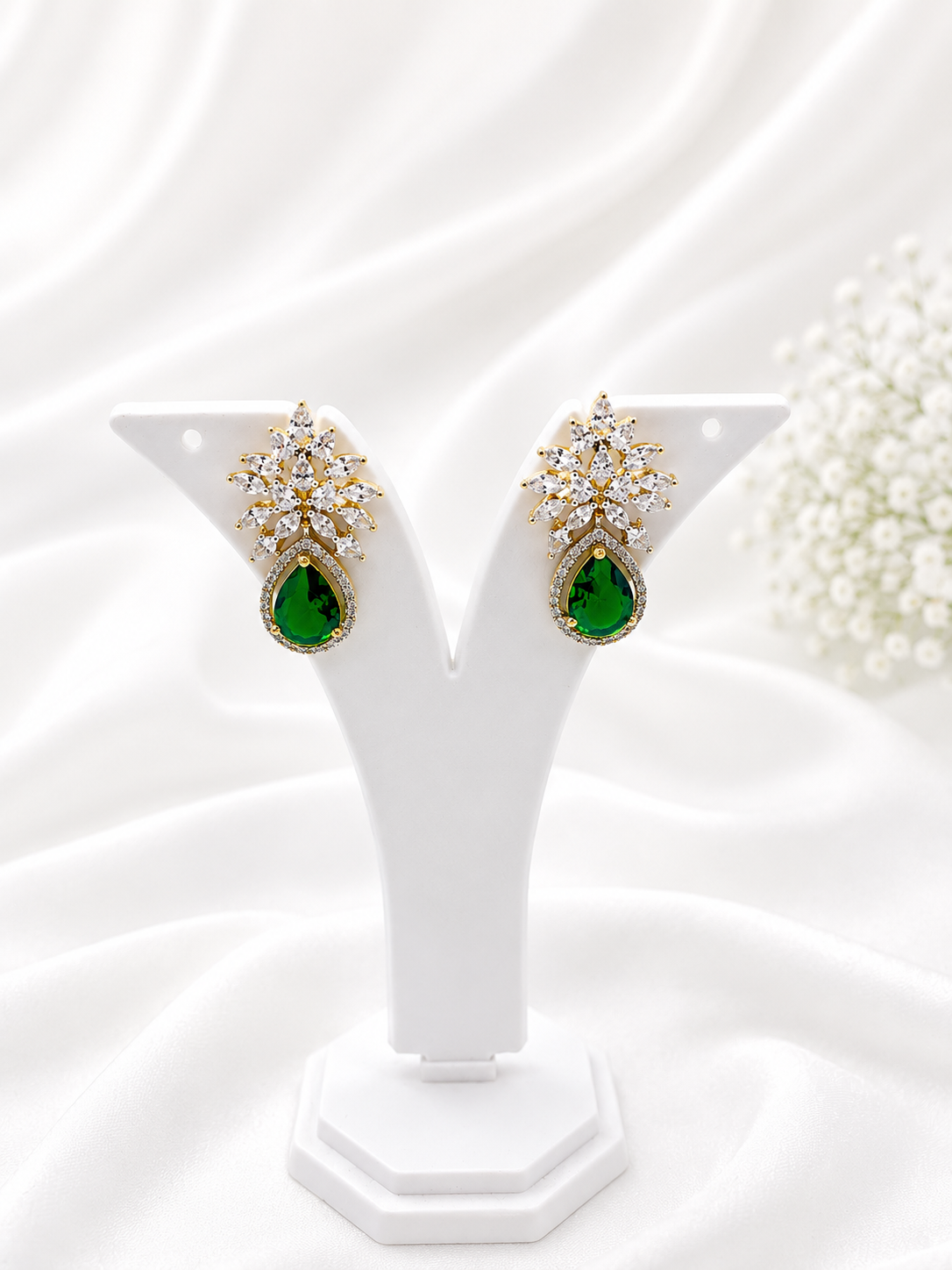 Bhavmayi Creation Emerald Floral Drop Earrings