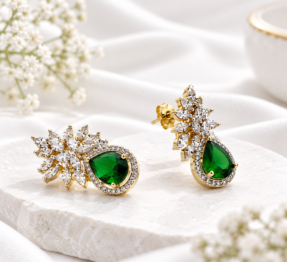 Bhavmayi Creation Emerald Floral Drop Earrings