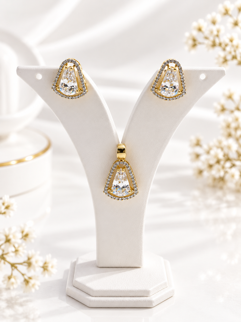 Bhavmayi Golden Teardrop Crystal Pendant & Stud Earrings Set