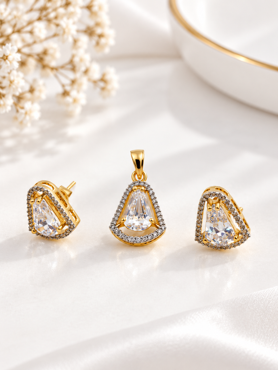 Bhavmayi Golden Teardrop Crystal Pendant & Stud Earrings Set