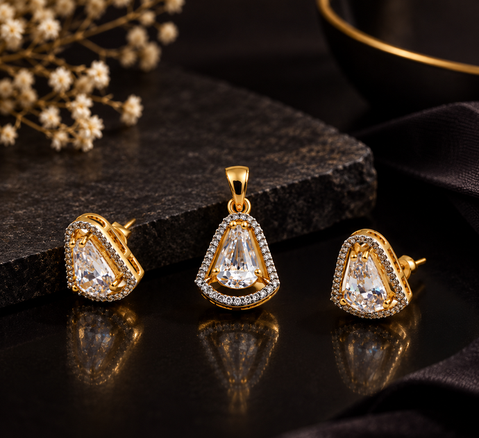 Bhavmayi Golden Teardrop Crystal Pendant & Stud Earrings Set