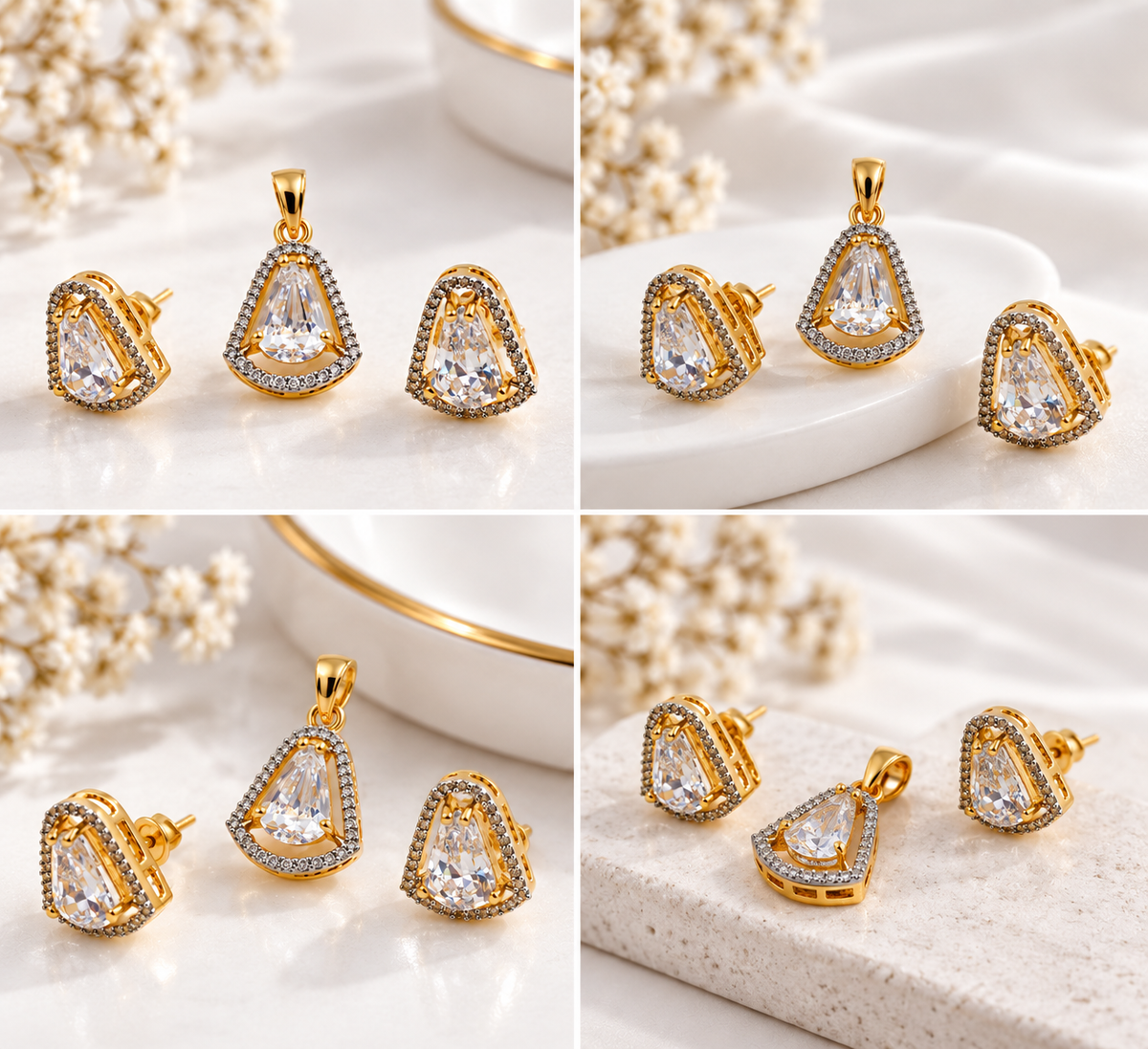 Bhavmayi Golden Teardrop Crystal Pendant & Stud Earrings Set